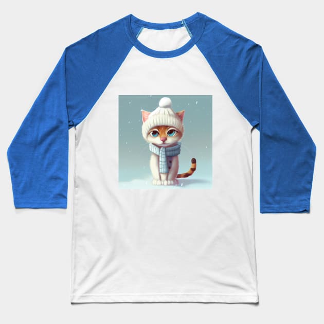 Cute Cat with a Scarf and Hat in Winter Scenery Baseball T-Shirt by KOTOdesign